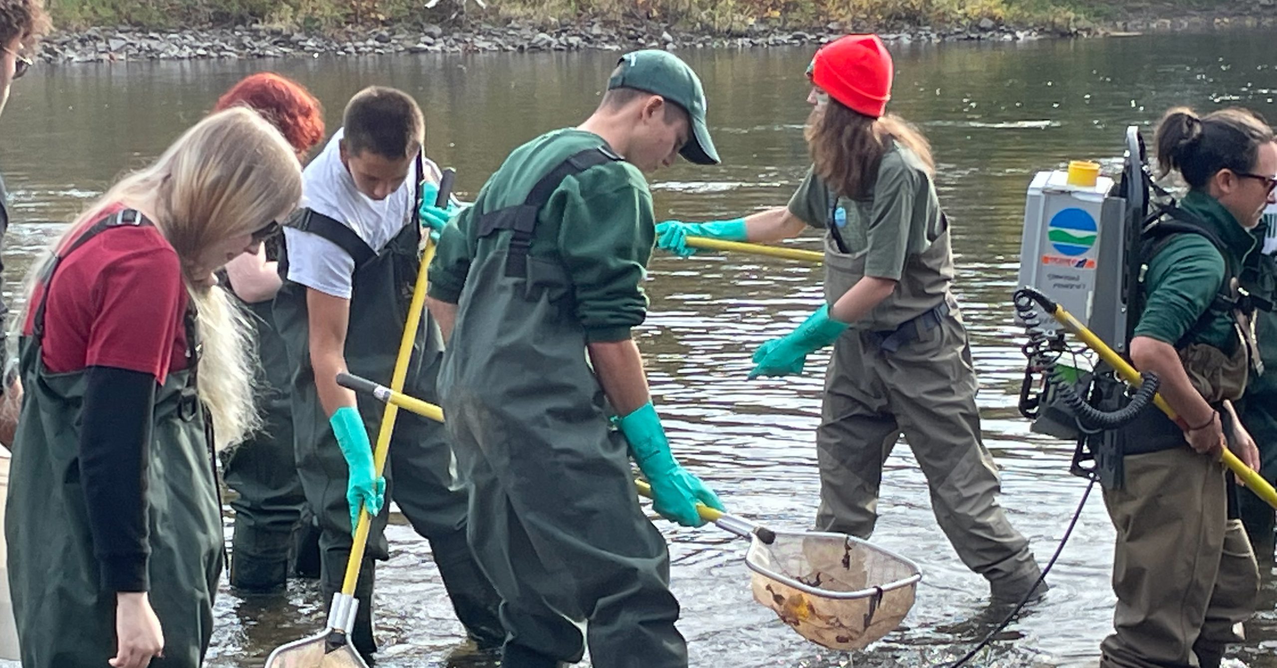 Students collecting data in creek.