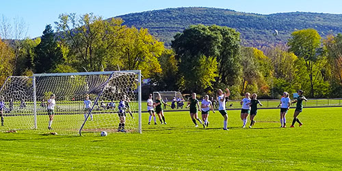 soccer players attempt to head a ball during a game