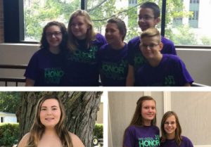 a collage of three pictures. the top picture shows five students posing for a picture. the second shows one student smiling while standing in front of a tree. the third shows two students smiling and standing in front of a wall