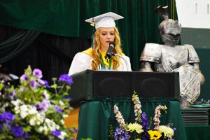 emily skowfoe speaks at graduation