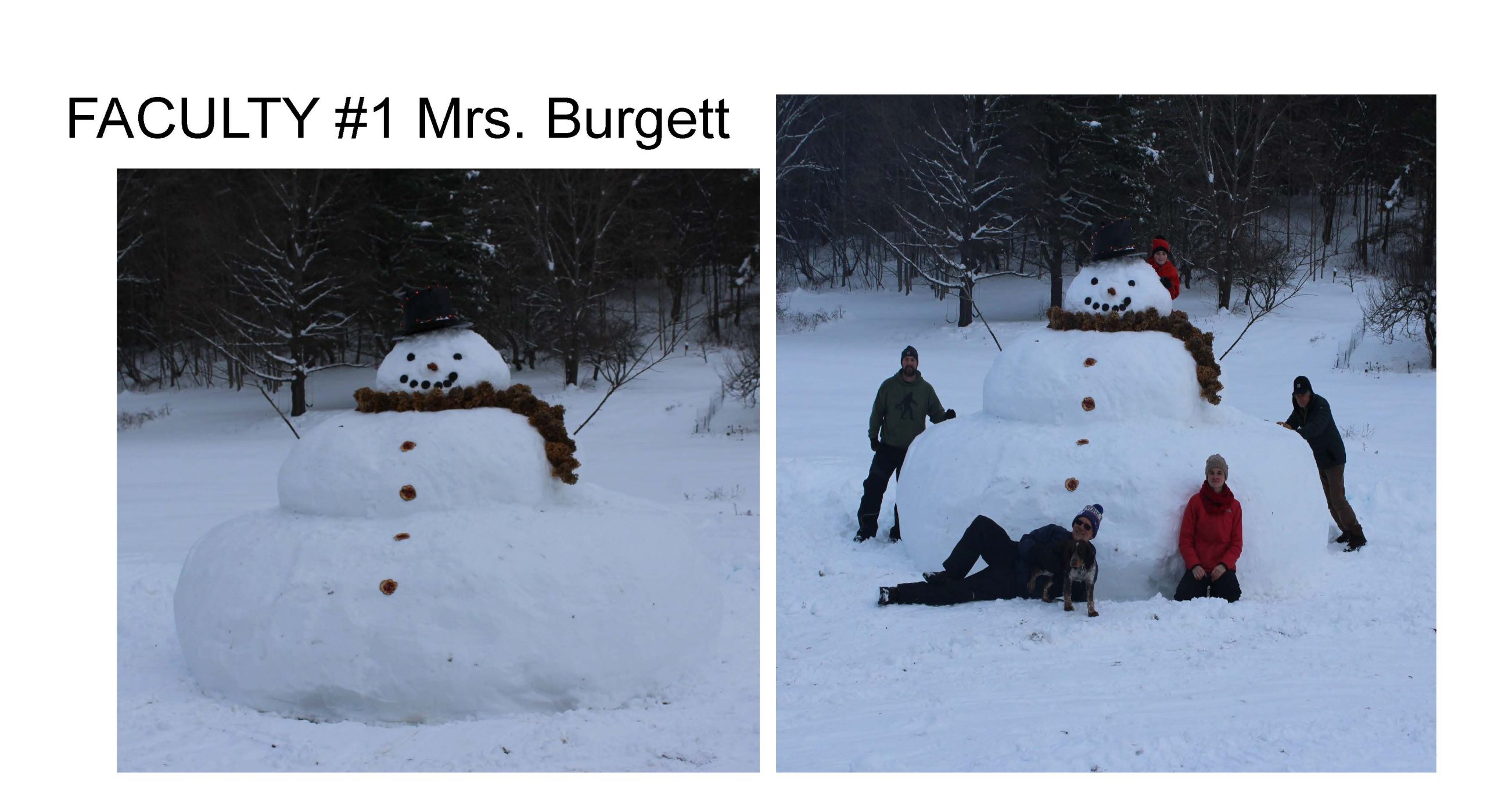 a very wide and tall snowman with a person standing up on each side and in fron there is a person laying down with a dog and another person on knees, and young child propped up and peeking out near its head. The snowman has black eyes, nose and mouth with a huge black hat and garland for a scarf.