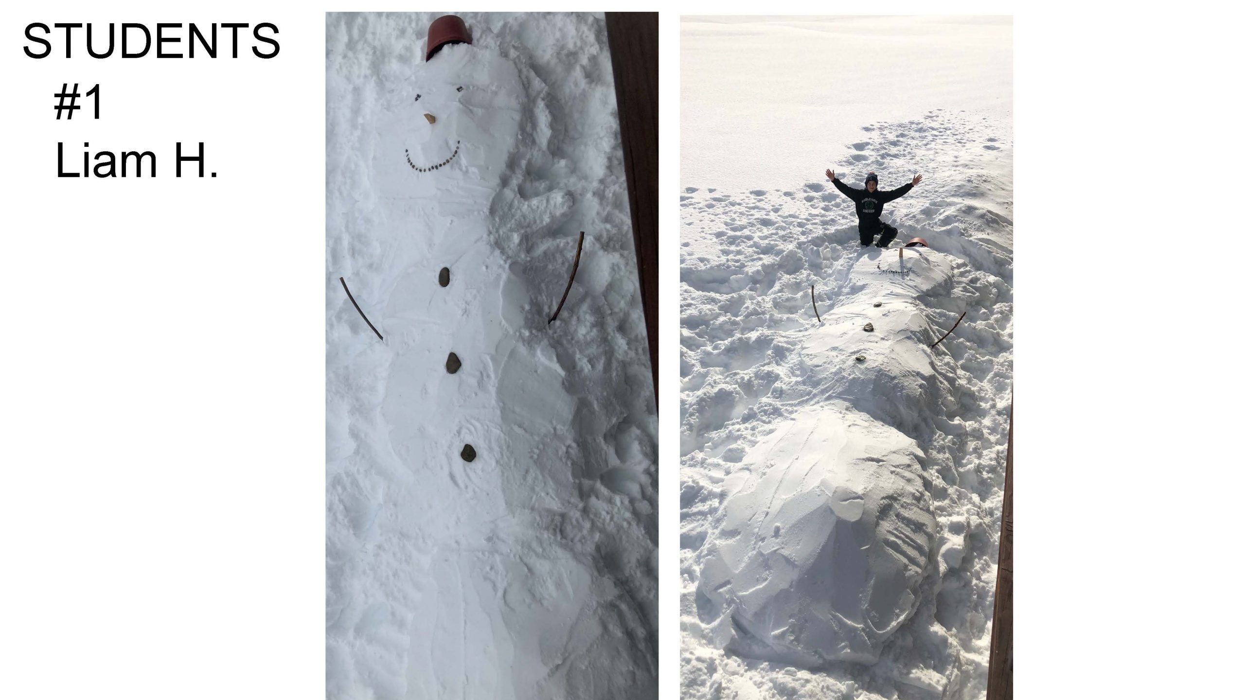 Huge snowman built laying down on the ground in the snow. Teenage student looks small in comparison.