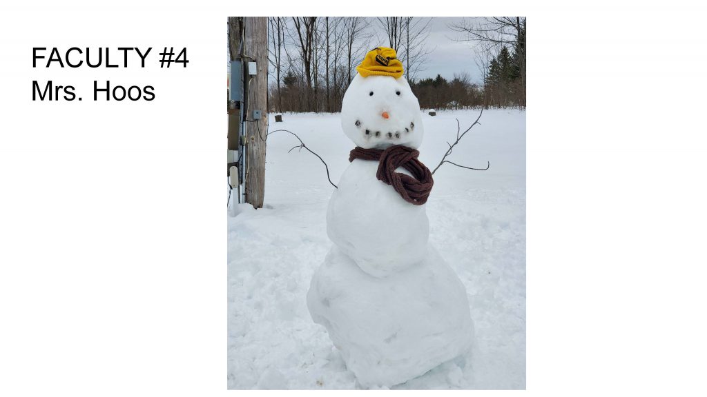 classic style snowman with sticks for arms, brown scarf, yellow hat, black eyes, carrot nose and black pieces making a smile.