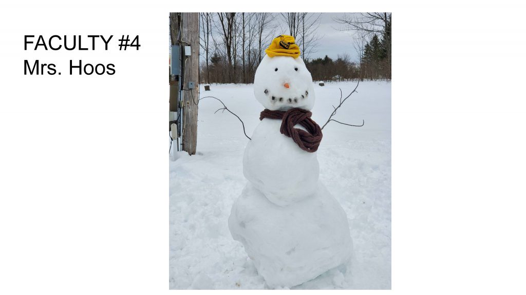 classic style snowman with sticks for arms, brown scarf, yellow hat, black eyes, carrot nose and black pieces making a smile.