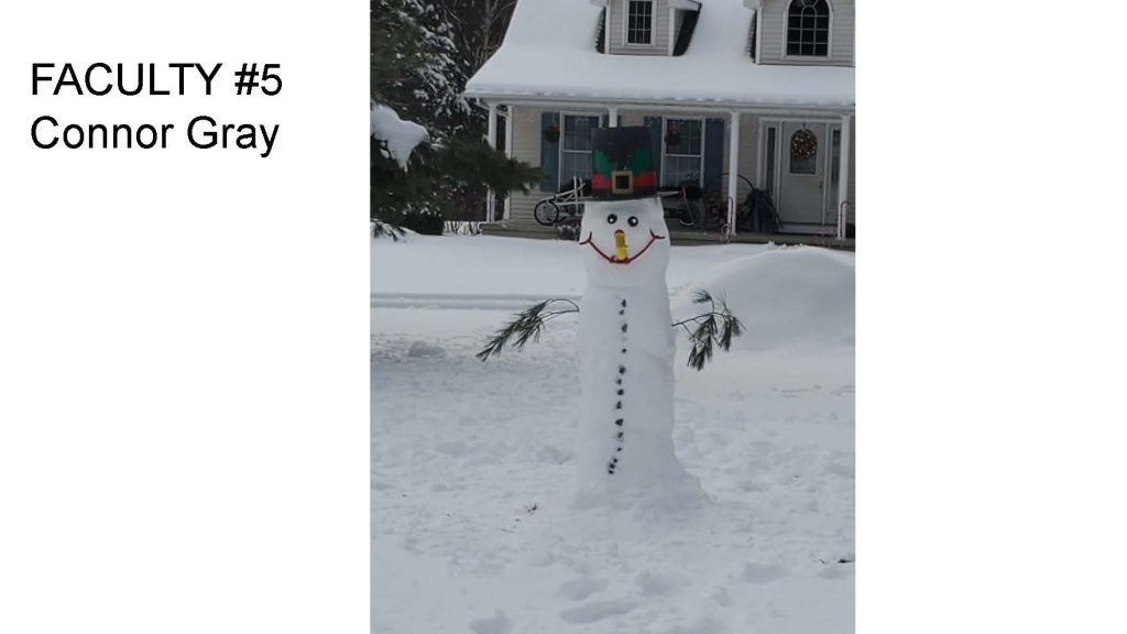long shaped snowman with a huge red smile and yellow long nose, black eyes with white dots inside, The black hat has holly and a buckle, arms are sticks with flowing pine needles