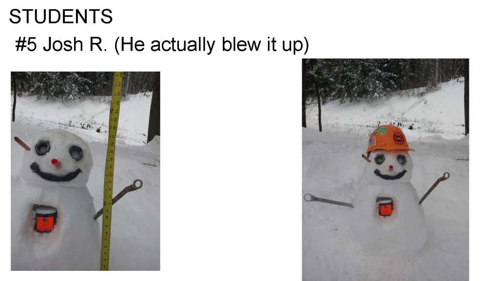 snowman with hole near heart with a jar inside, tools for arms, large bolts for eyes, a long bright orange nose and an orange hat