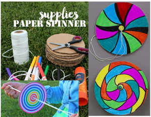 supplies like rope, scissors, markers and colorful paper spinners