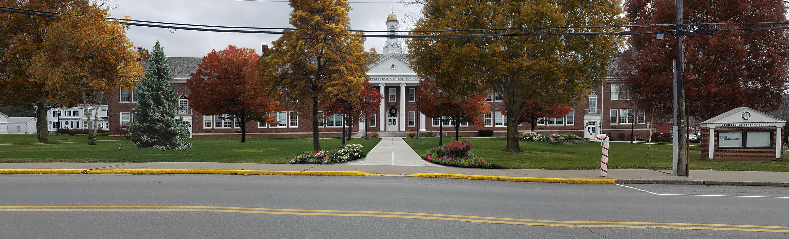 Middleburgh High School with trees in courtyard