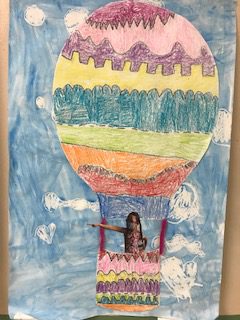 pink, purple, yellow, blue, green, orange and red smooth patterns on hot air baloon up in the sky drawing with a picture of student in the basket of the baloon