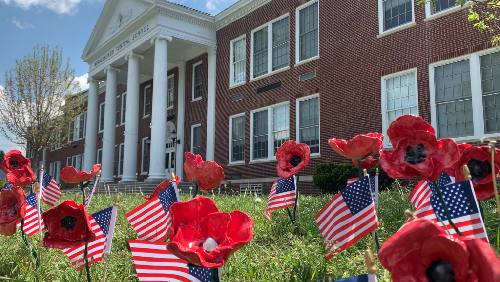 cermaic poppies with a view of the high school