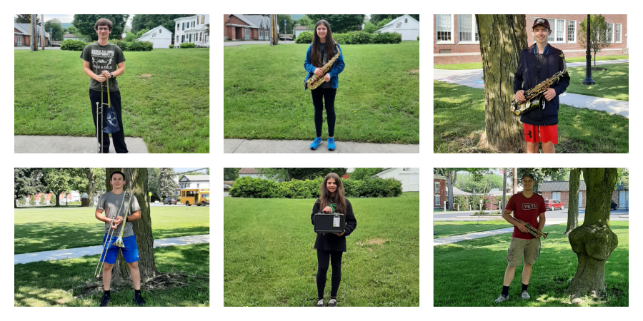 six students in squares holding their band instruments