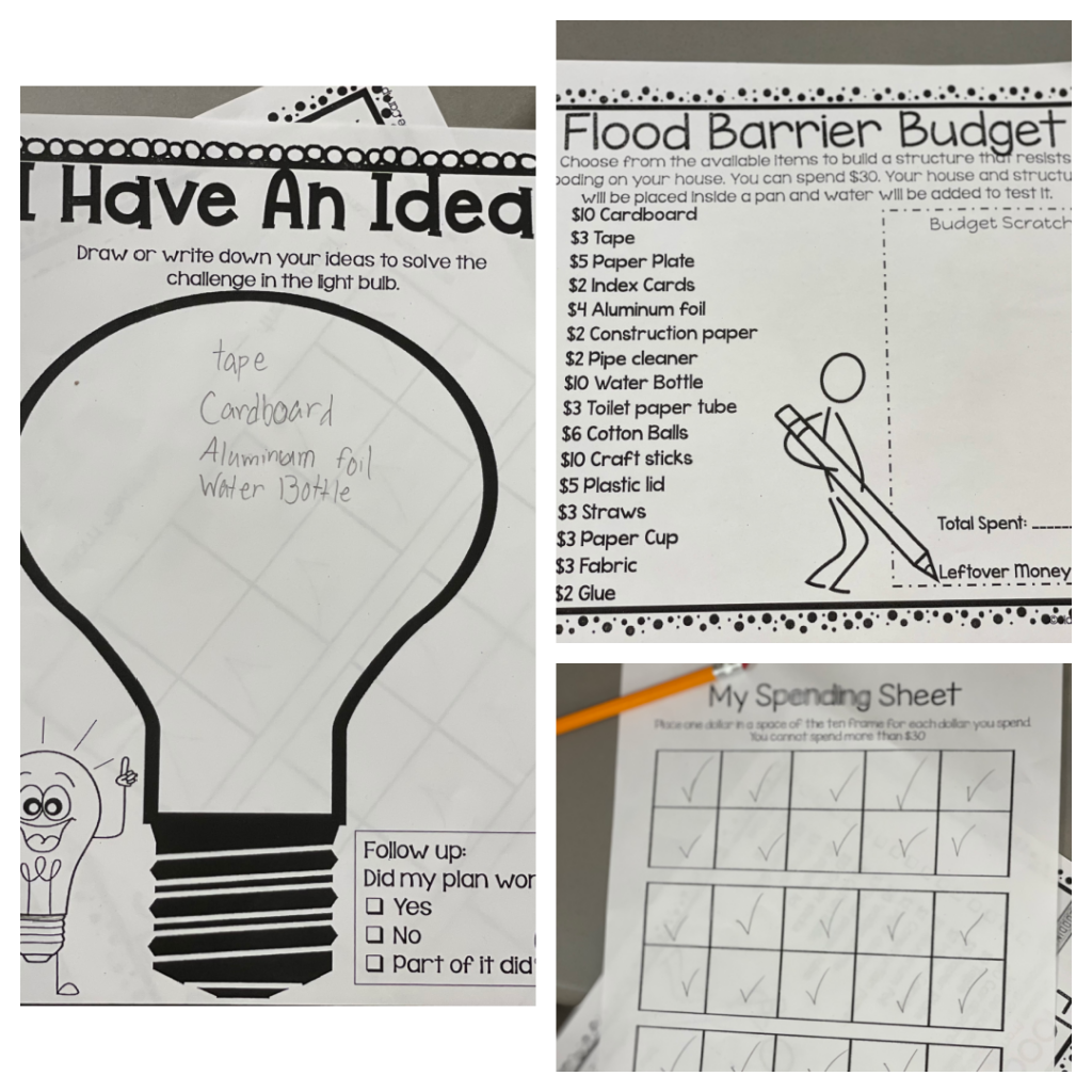 three worksheets - one has a lightbulb to write ideas into, another sheet is a check list of supplies, and the other sheet is made of boxes to check off how much money was spent