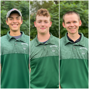 a collage with three pictures of golfers in their green gold shirt, the first one has a hat on 