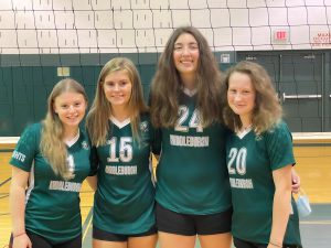 FOUR VOLLEYBALL PLAYERS IN UNIFORM STANDING IN A LINE IN FRONT OF A NET