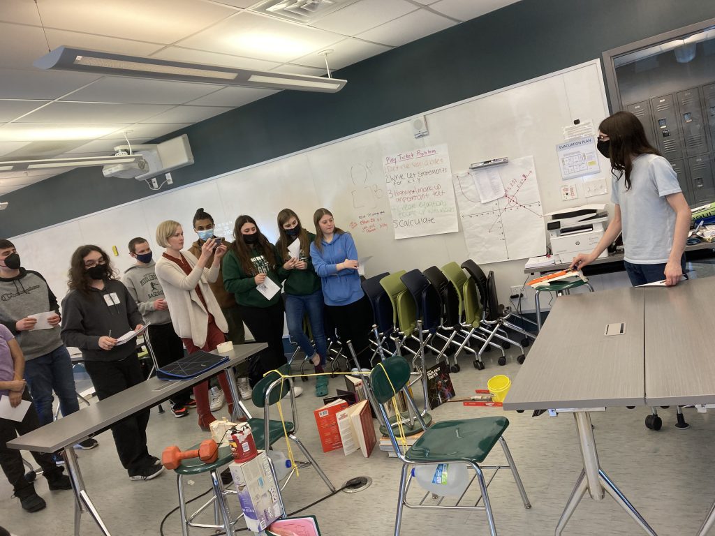 students testing Rube Goldberg Machine 