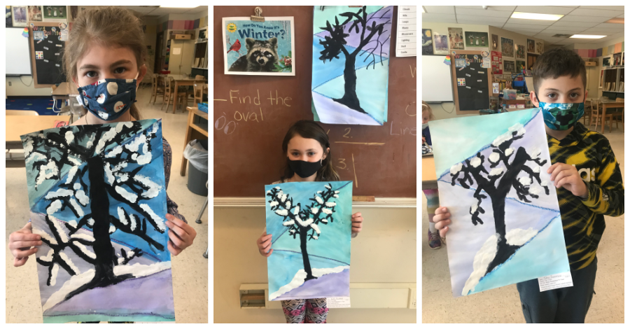 three students hold up paintings of their Y Tree landscapes