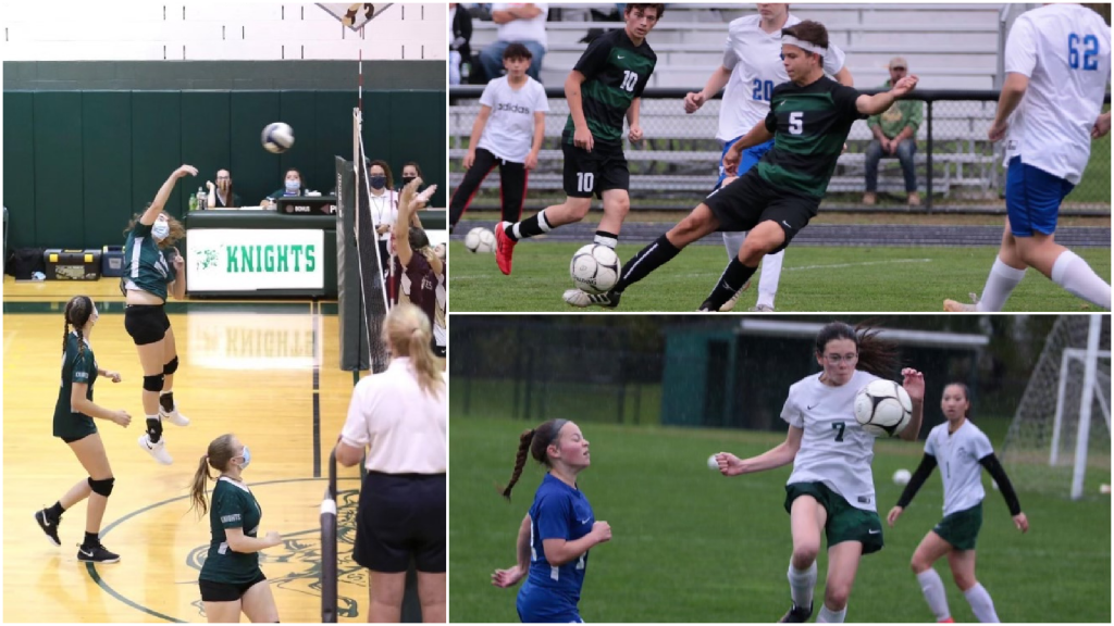Collage of photos showing students playing fall sports