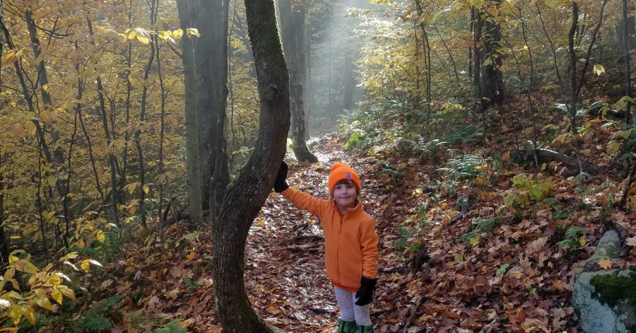 young girl dressed in orange standing in the woods with leaves all around her