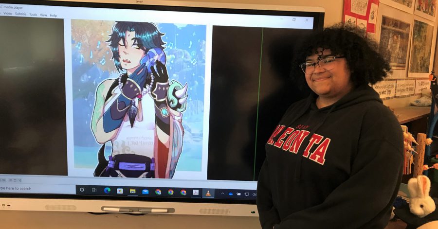 woman stands next to her animation on a smartboard