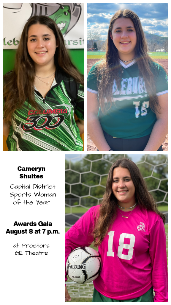 three photos of a student athlete in her bowling, volleyball, and softball uniform