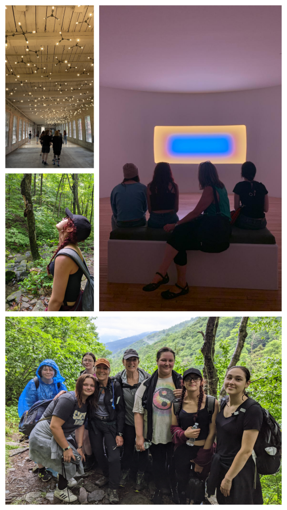collage of students and teachers looking at art in museums and looking at nature on summits 