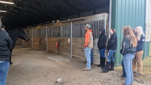 Students in the grades 11-12 Equine Science class visited Windhorse Thoroughbreds LLC and Albany Therapeutic Riding Center (ATRC) on Jan. 6 and met with experts in horse breeding and therapeutic riding.  Picture shows students waiting in barn.
