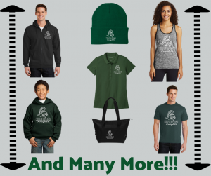 Middleburgh branded apparel including jackets, tank tops, shirts, a hat and a bag.