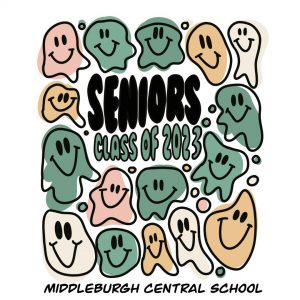 Colored blobs with smiley faces surround the words "senior Class of 2023.