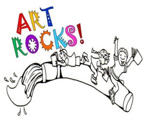 The words "Art Rocks" appear over a drawing of a giant paintbrush. Three children are sitting on the paintbrush with books in their hands.
