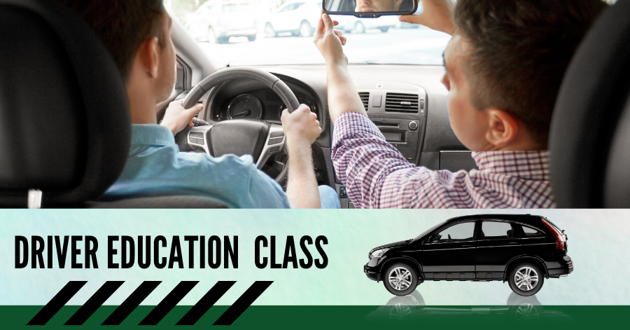 Man adjusts rear-view mirror for student driver. Driver Education Class. Car