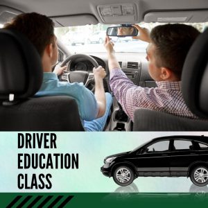 Man adjusts rear-view mirror for student driver. Driver Education Class. Car.