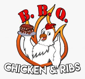 Drawing of a chicken holding a platter with the words BBQ and chicken and ribs.