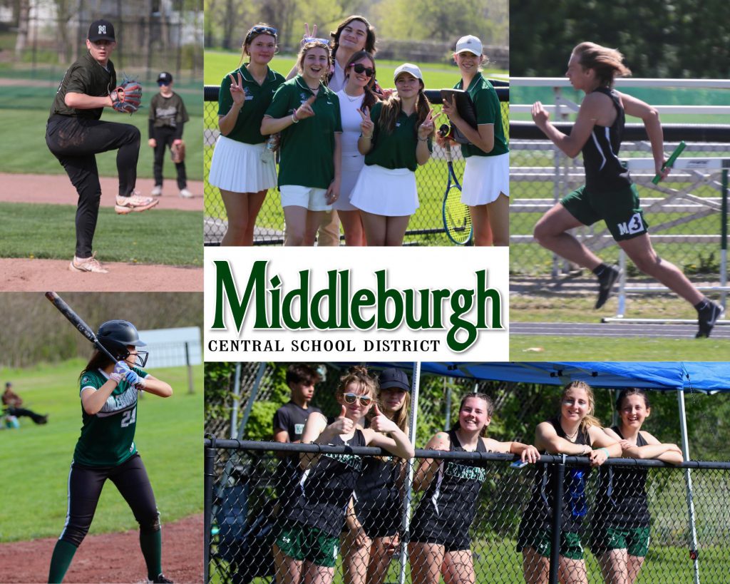 Baseball, softball, tennis and track students with Middleburgh logo in the center.