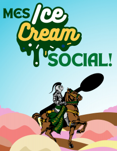 MCS Ice Cream Social. A knight on a horse holds a giant spoon in a sea of ice cream.