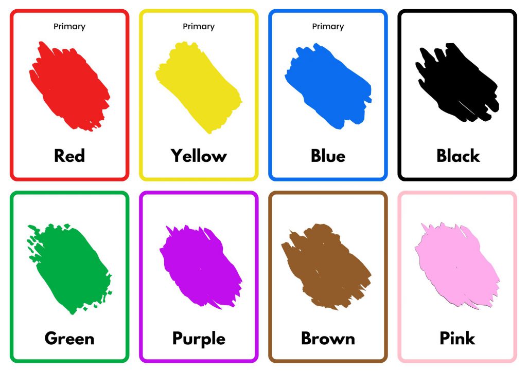 red, yellow, blue, black, green, purple, brown and pink color swatches.