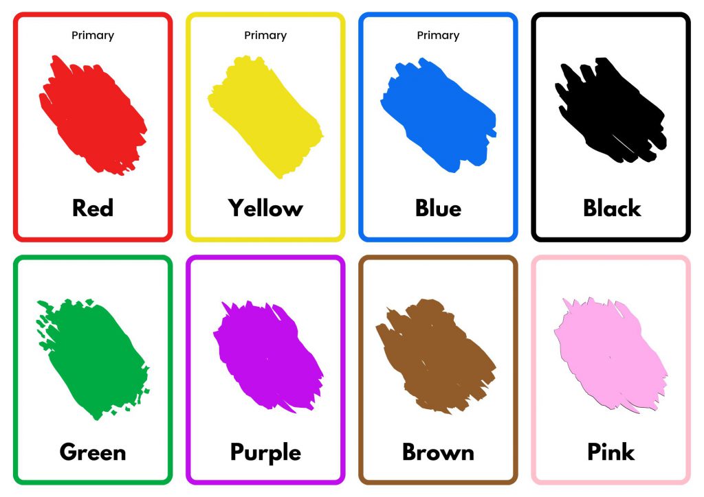 red, yellow, blue, black, green, purple, brown and pink color swatches.