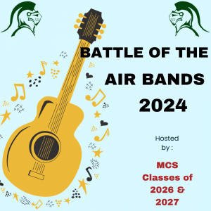 MCS Battle of The Air Bands 2024 Sponsored by the MCS Class of 2026 & 2027, guitar, musical notes, knight heads