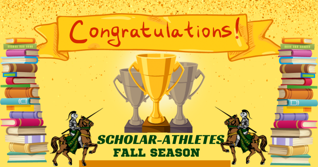 Stack of books, trophies and knights on horses. Congratulations schoar-athletes fall season