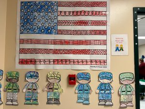Veterans Day coloring projects, including American flag and service members.