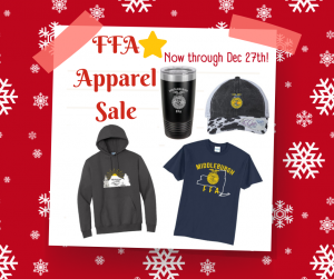 FFA Apparel Sale Now through Dec. 27th. Mug, cap, hoodie and t-shift with Middleburgh FAA. Snowflake design in background.