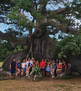 A large group of student standing under a large tropical tree in Puerto Rico