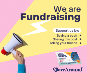 We are fundraising. Support us by buying a book, sharing the post, telling your friends. SaveAround. Hand with a megaphone.