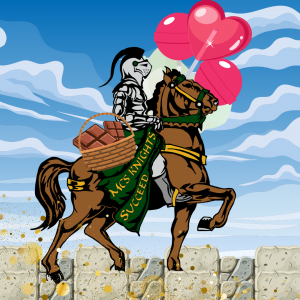 Knight on horse with a basket of chocolate and a lance of lollipops.