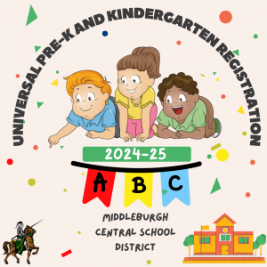Universal Pre-K and Kindergarten registration. 2024-25 Middleburgh Central School District. Knight on horse, school building, ABC banner, three children playing on floor. Graffiti background.