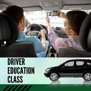 Student behind wheel. Instructor adjusts rear-view mirror. Driver education class. Car. Tire tracks.