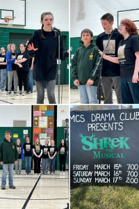 Students rehearsing in gymnasium. Wooden sign board for MCS Drama Club presents Shrek the Musica.