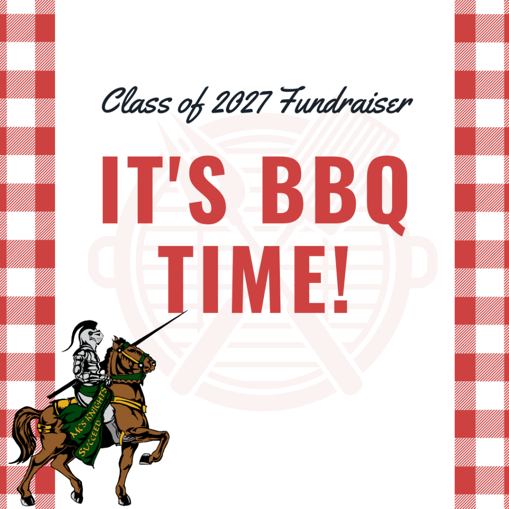 Class of 2027 Fundraiser. It's BBQ time! grill, checkered table cloth, knight on horse.