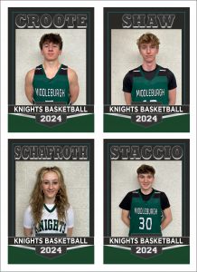 Four members of the  Knights basketball teams post for banner. They are wearing team shirts.
