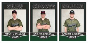 Three members of the  Knights baseball team post for banner. They are wearing team shirts.