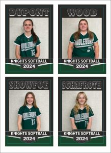 Four members of the  Knights softball team post for banner. They are wearing team shirts.